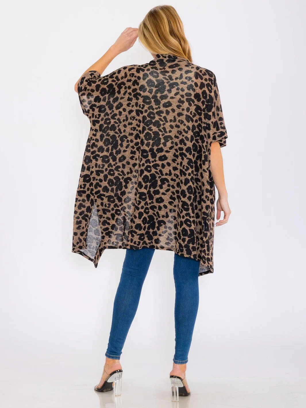 WOMEN'S SHORT SLEEVES OPEN FRONT POCKETS ANIMAL PRINT CARDIGAN