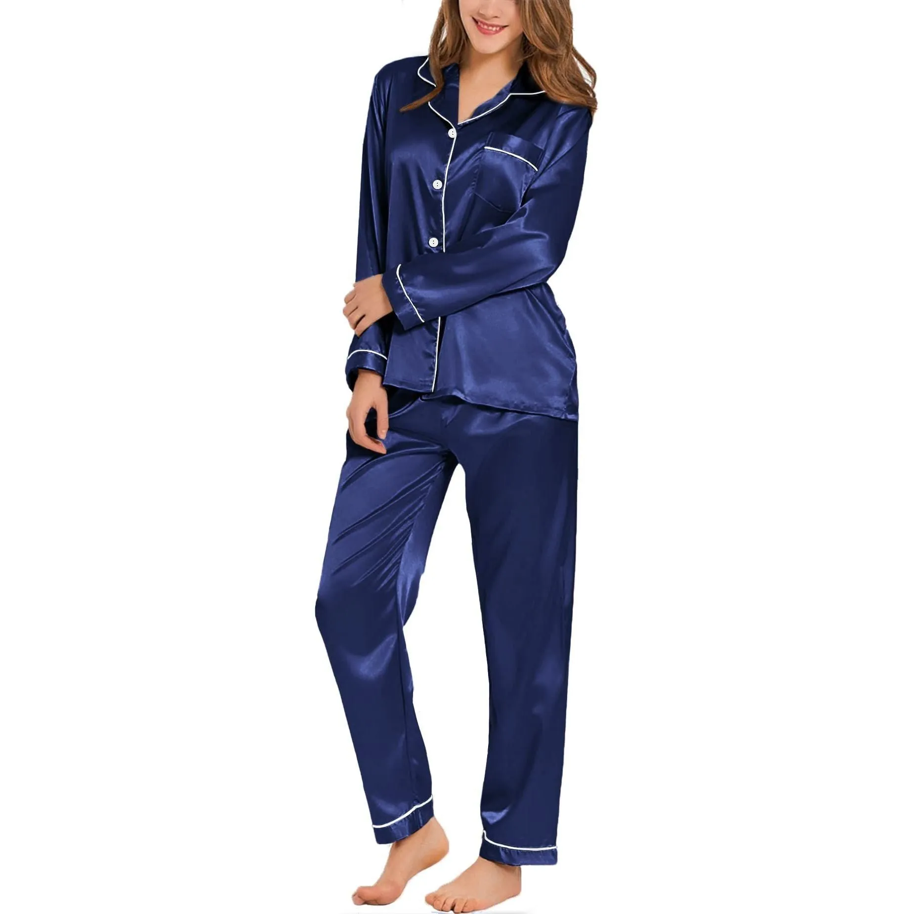 Womens Silk Satin Pajamas Loungewear Two-piece Sleepwear Button-Down Full Sleeve Long Pj Set