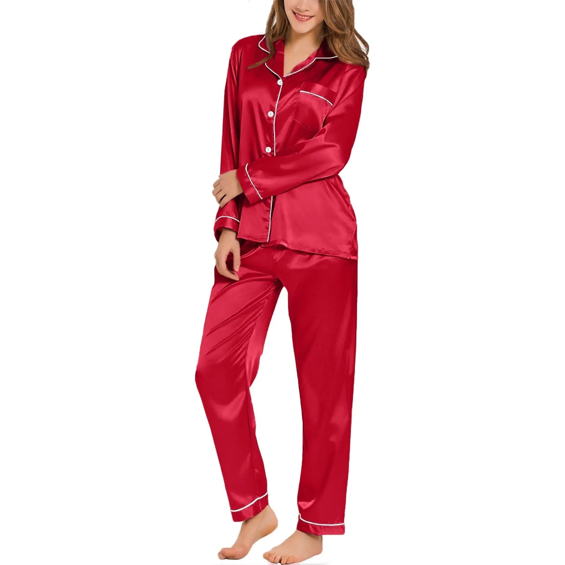 Womens Silk Satin Pajamas Loungewear Two-piece Sleepwear Button-Down Full Sleeve Long Pj Set