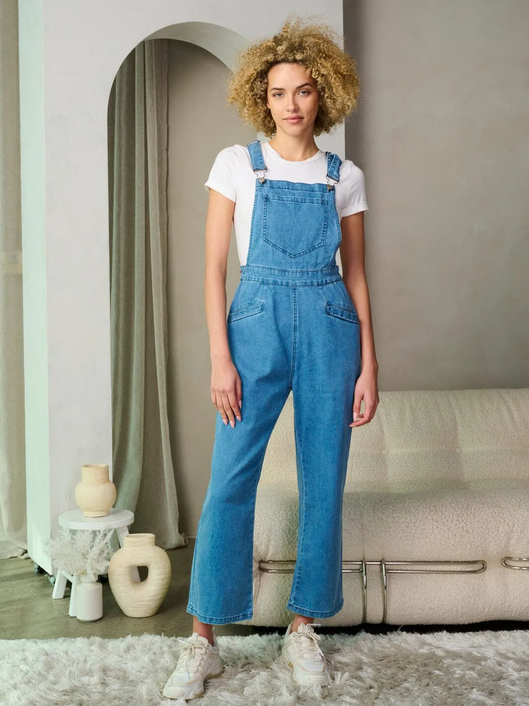 WOMEN'S SLEEVELESS FRONT POCKETS WIDE LEG DENIM OVERALL