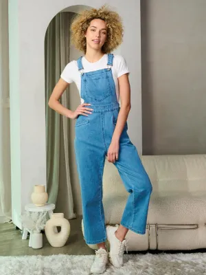 WOMEN'S SLEEVELESS FRONT POCKETS WIDE LEG DENIM OVERALL