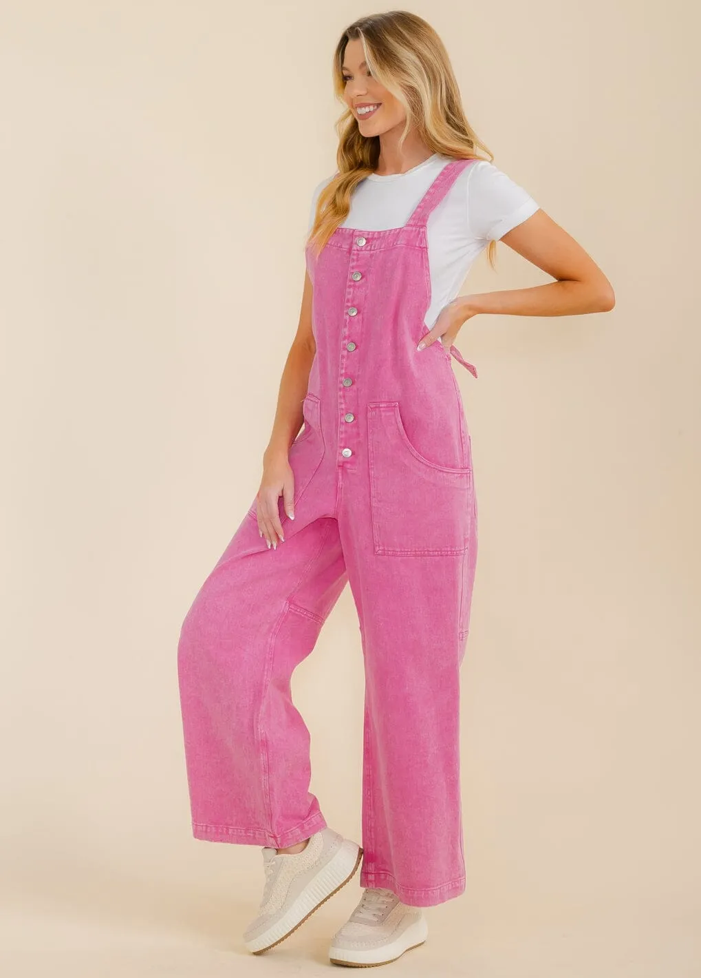 WOMEN'S SLEEVELESS POCKETS BUTTON UP WIDE LEG DENIM JUMPSUIT