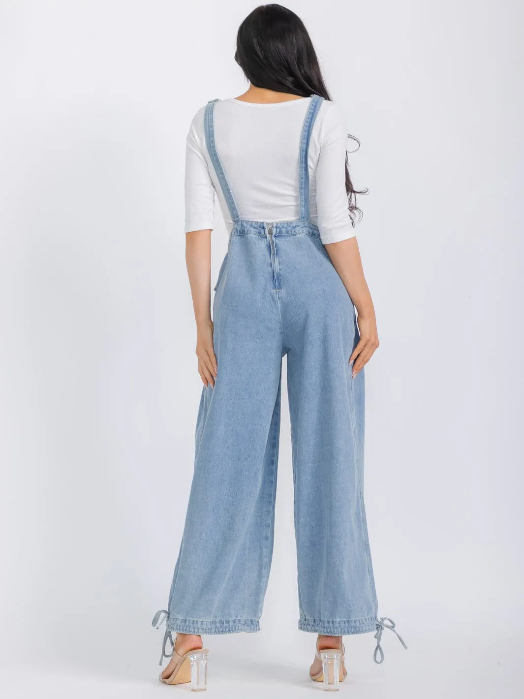 WOMEN'S SLEEVELESS POCKETS DENIM WIDE LEG OVERALL