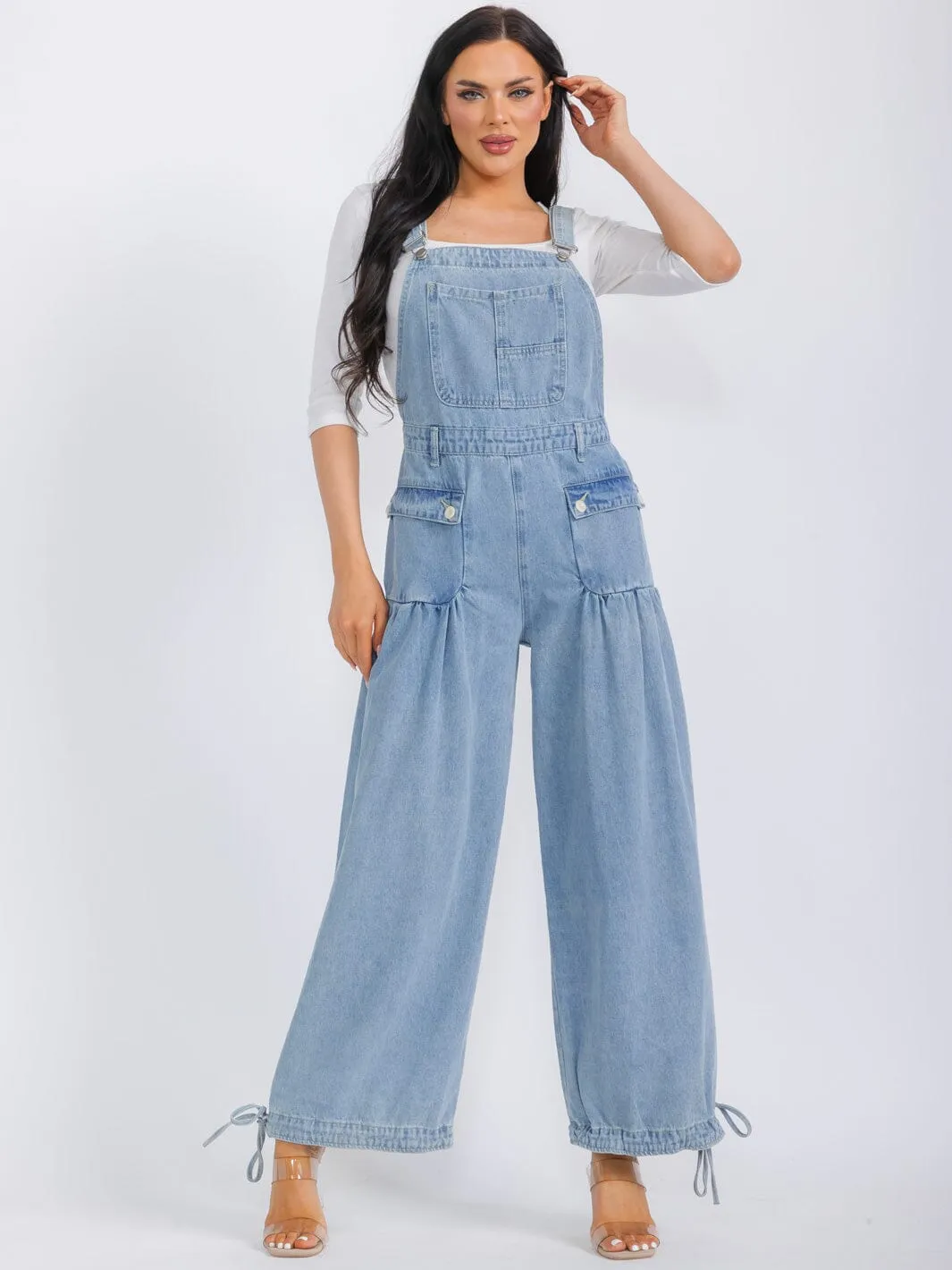 WOMEN'S SLEEVELESS POCKETS DENIM WIDE LEG OVERALL