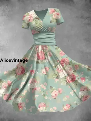 Women's Vintage Floral Art Print V Neck Maxi Dress