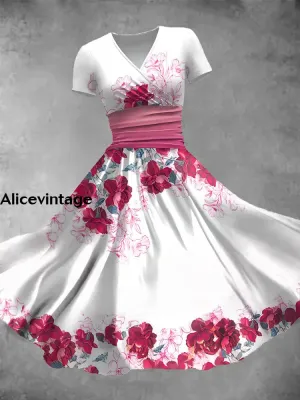 Women's Vintage Floral Art Print V Neck Maxi Dress