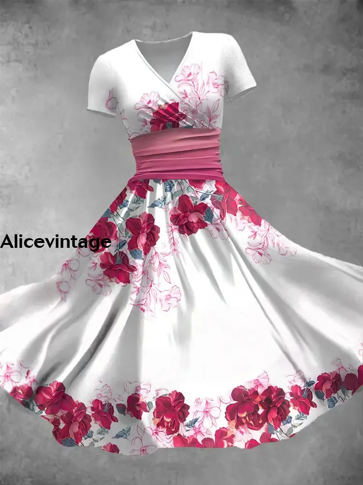 Women's Vintage Floral Art Print V Neck Maxi Dress