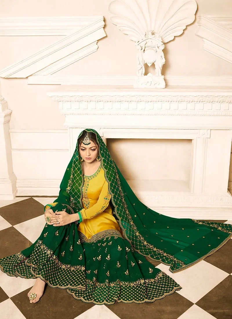 Yellow And Green Embroidered Designer Gharara Palazzo Suit