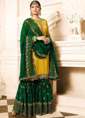Yellow And Green Embroidered Designer Gharara Palazzo Suit