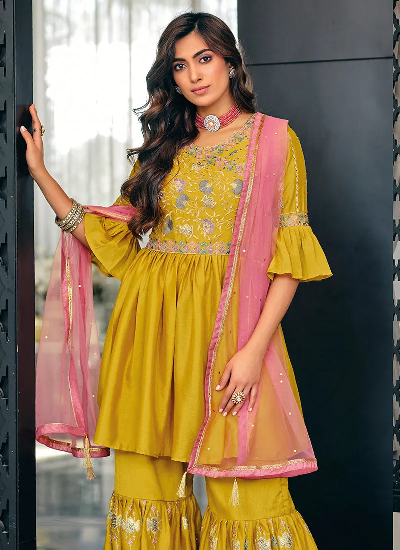 Yellow And Pink Multi Embroidered Gharara Style Suit