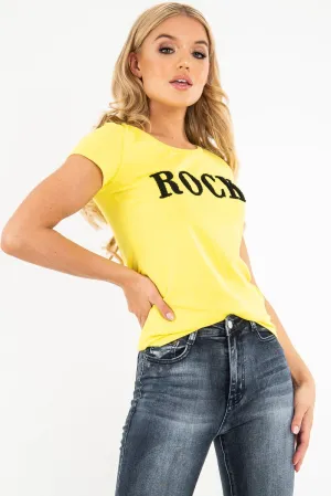 Yellow Black Rock Slogan Textured T-Shirt - Effie
