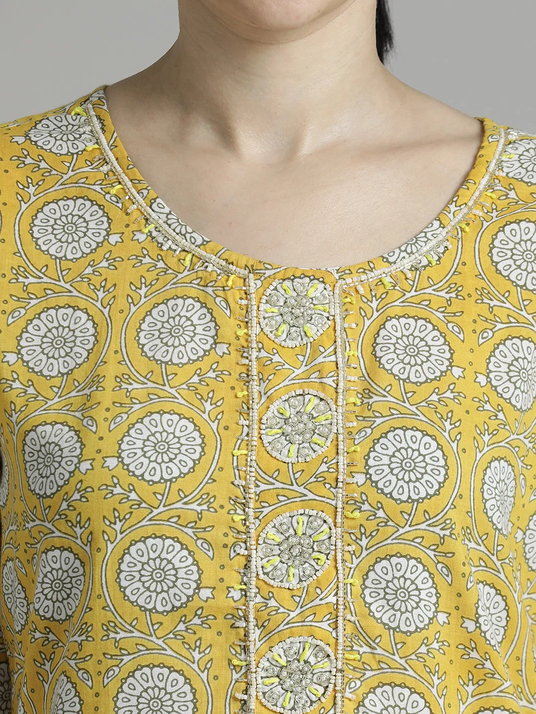 Yellow Ethnic Motif Cotton Kurta Set With Dupatta