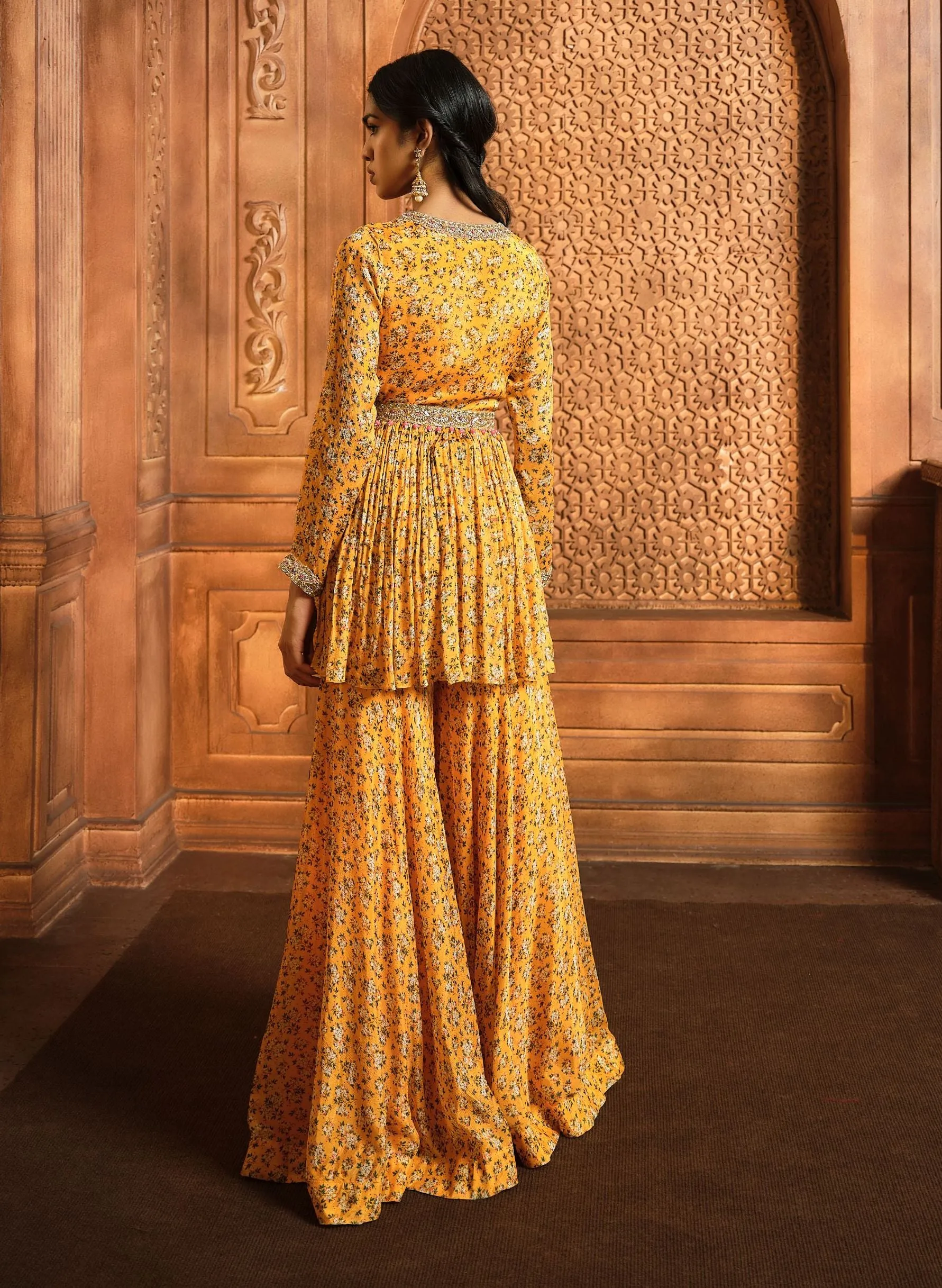 Yellow floral peplum sharara set
