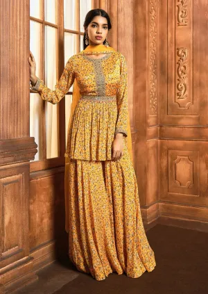 Yellow floral peplum sharara set