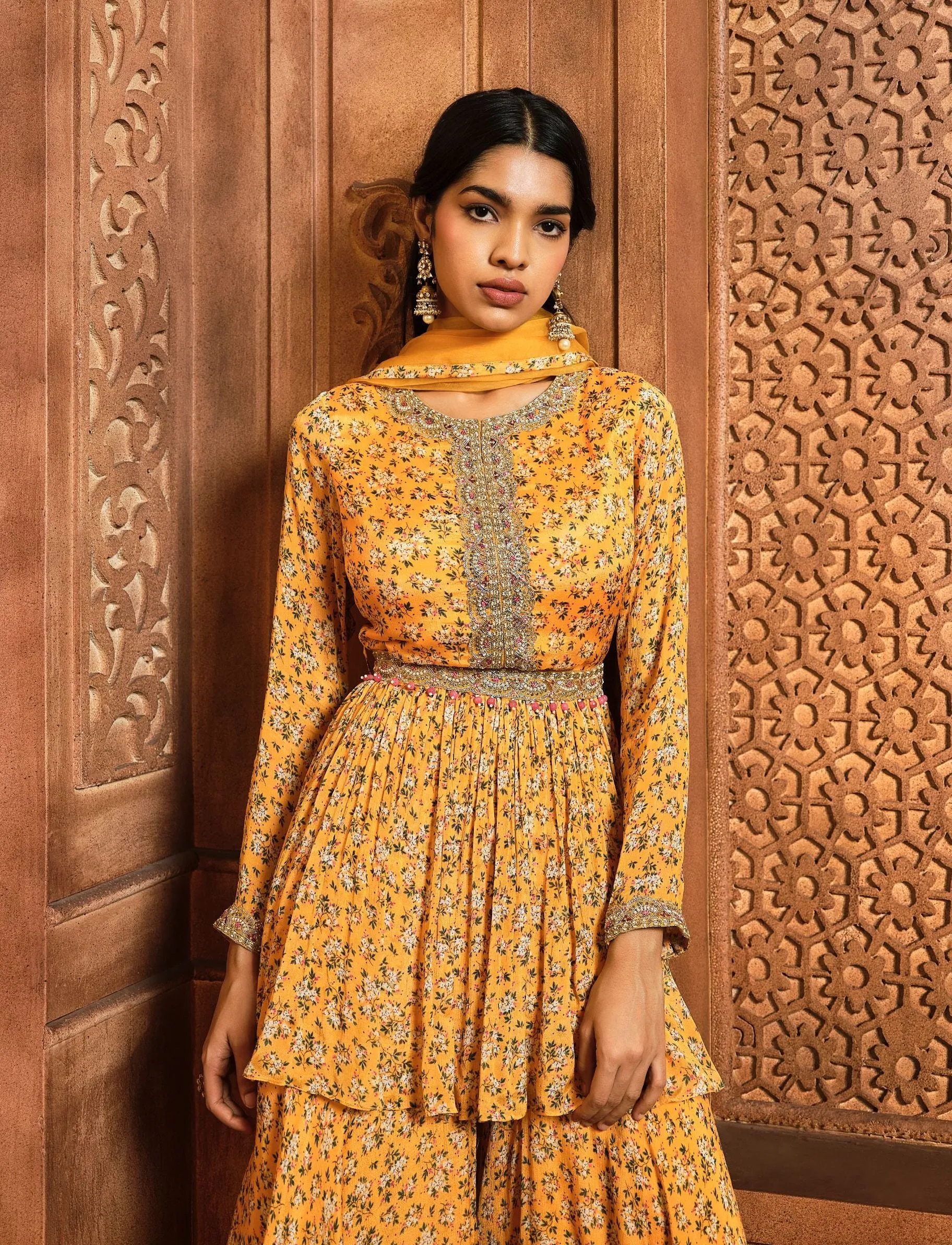 Yellow floral peplum sharara set