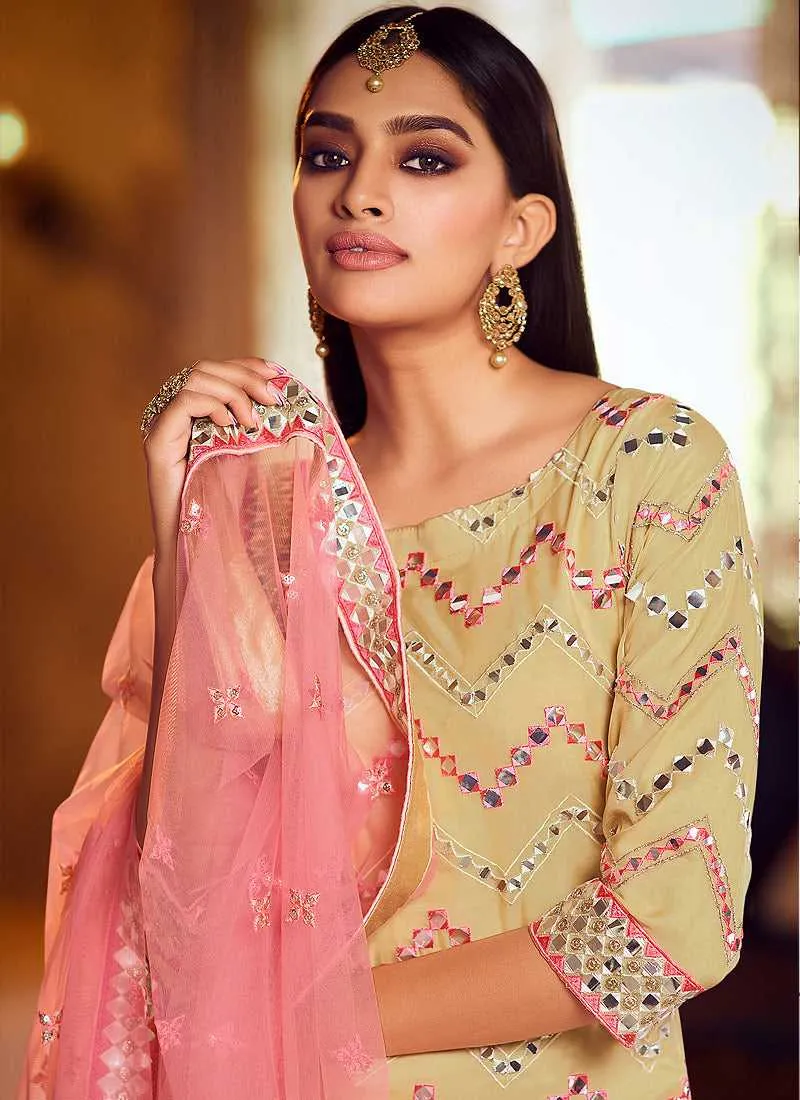 Yellow Mirror Embroidered Gharara Style Suit