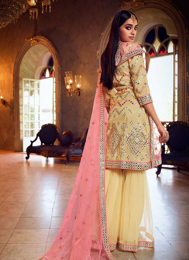 Yellow Mirror Embroidered Gharara Style Suit