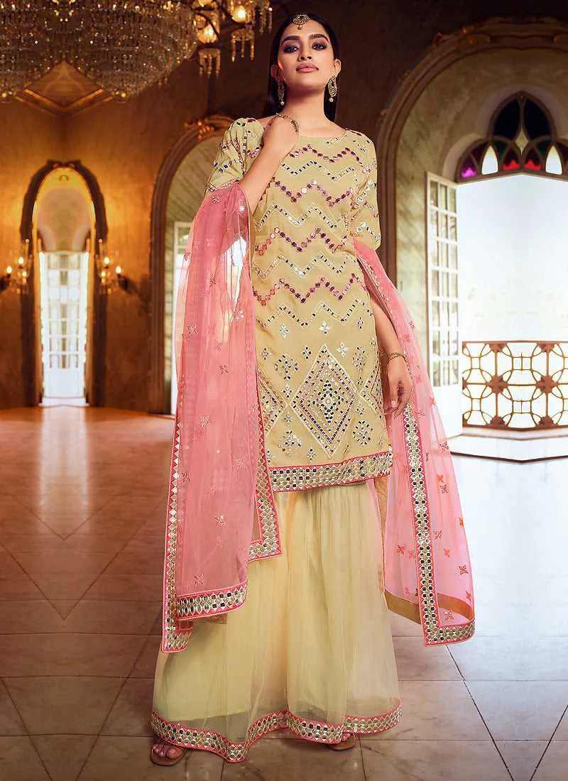 Yellow Mirror Embroidered Gharara Style Suit