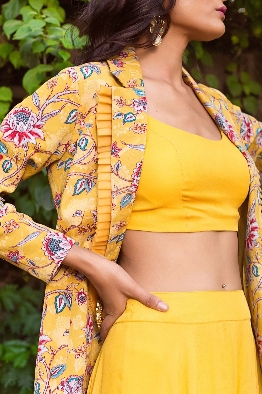 Yellow Printed Jacket With Palazzo