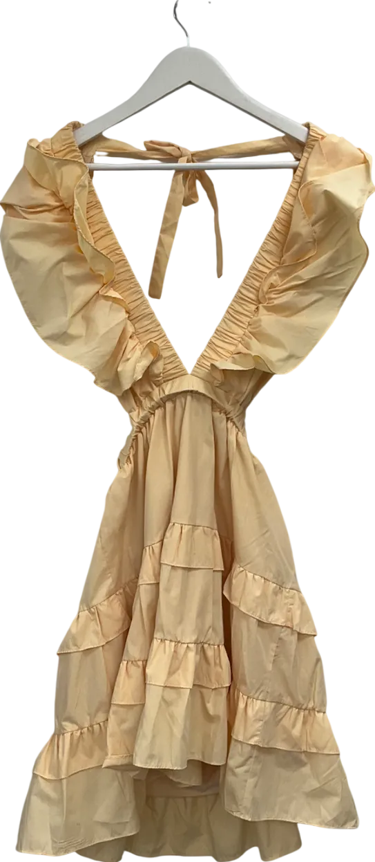 Yellow Ruffled Waistband V-neck Mini Dress UK L