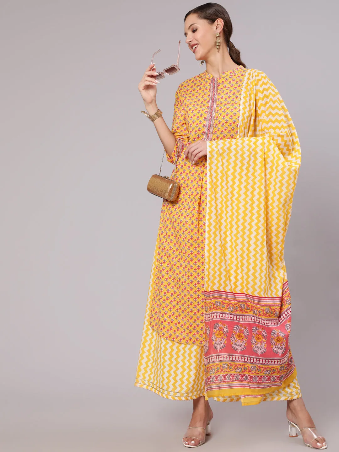 Yellow Straight Ethnic Printed Gota Embellished Kurta With Printed Palazzo And Dupatta