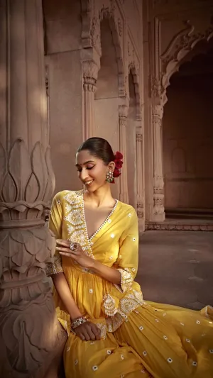 Yellow temple peplum sharara set