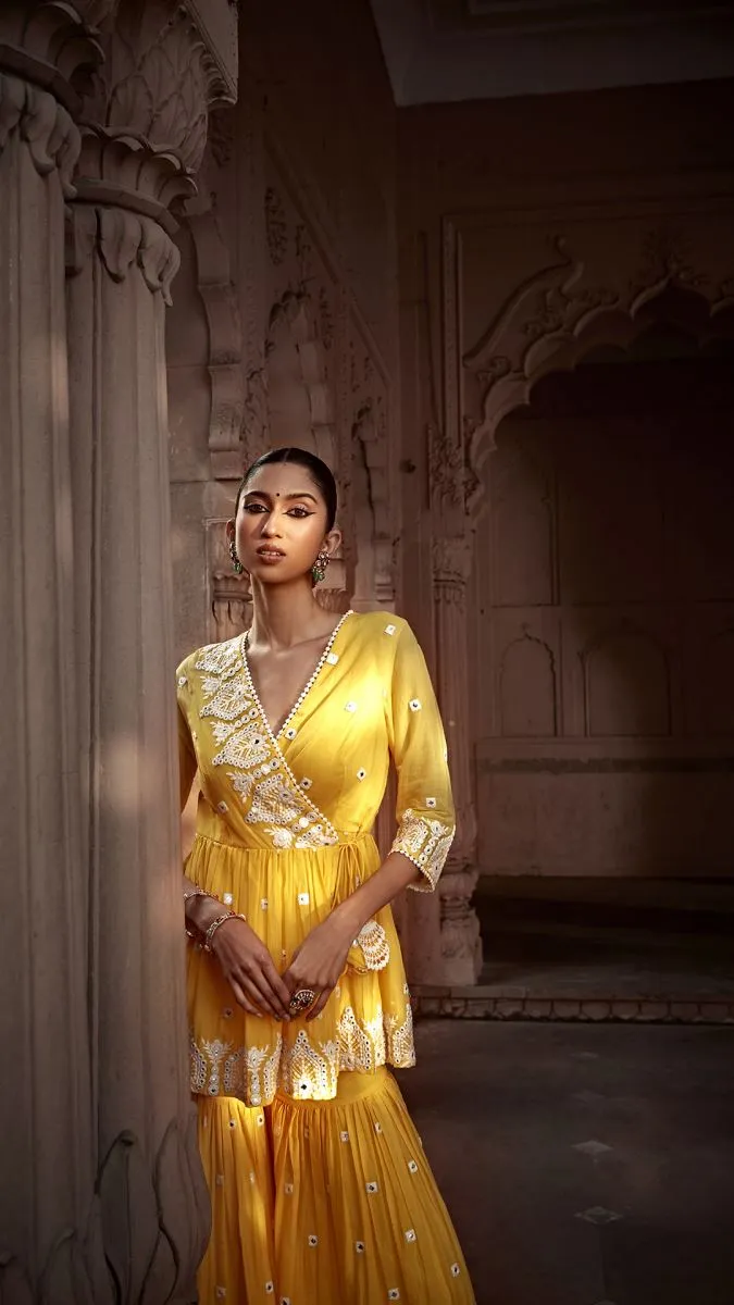 Yellow temple peplum sharara set