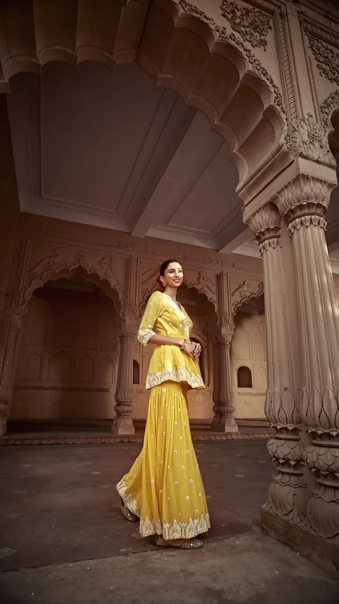 Yellow temple peplum sharara set