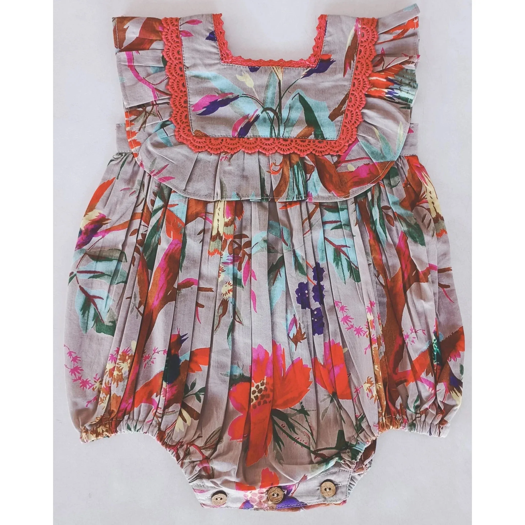 Yo Baby Bird Print Neck Ruffle Romper