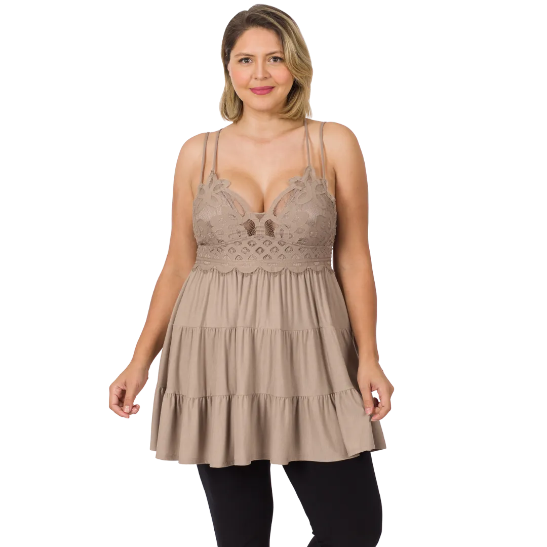 Zenana Strappy Ash Mocha Lace Ruffled Super Short Mini Dress