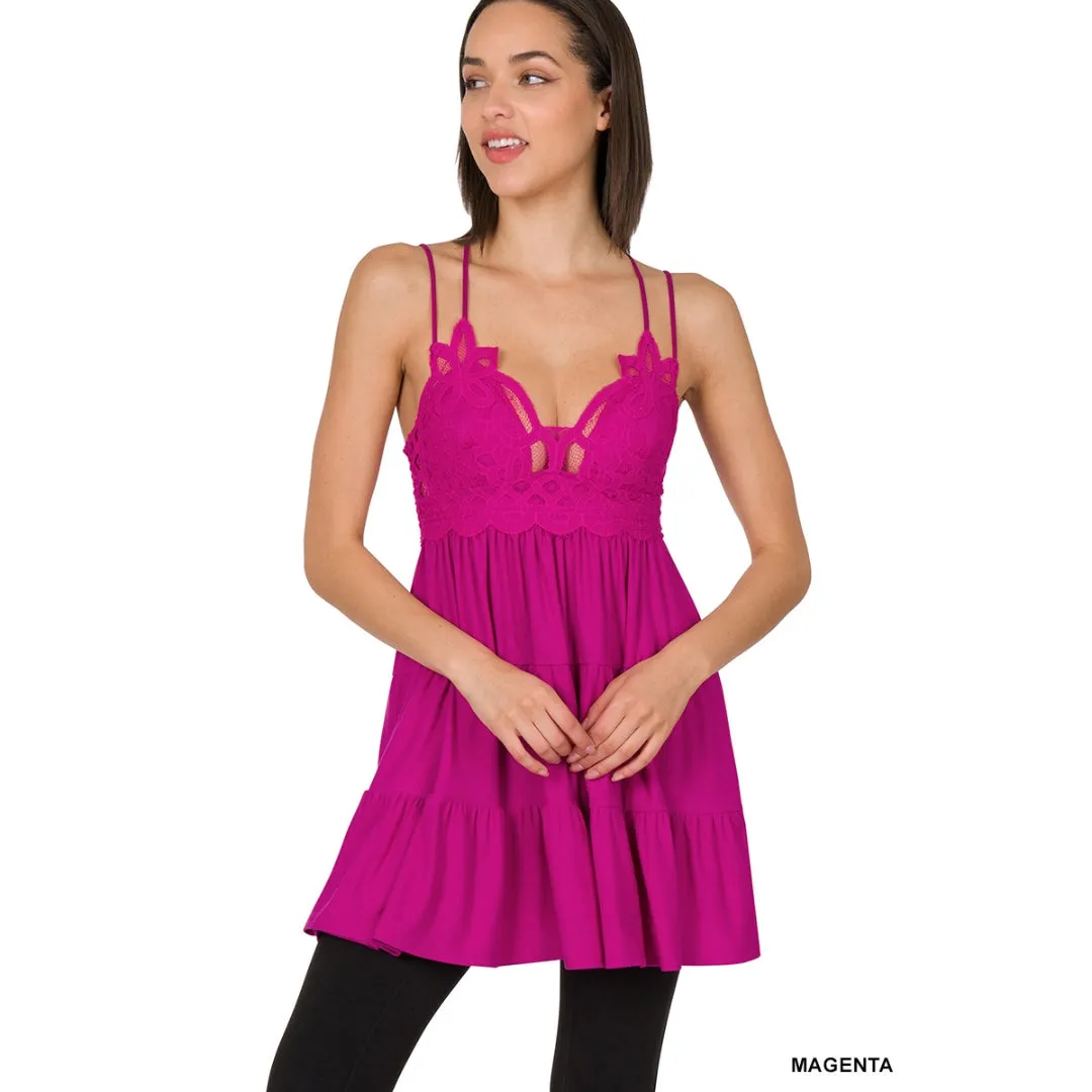 Zenana Strappy Ash Mocha Lace Ruffled Super Short Mini Dress