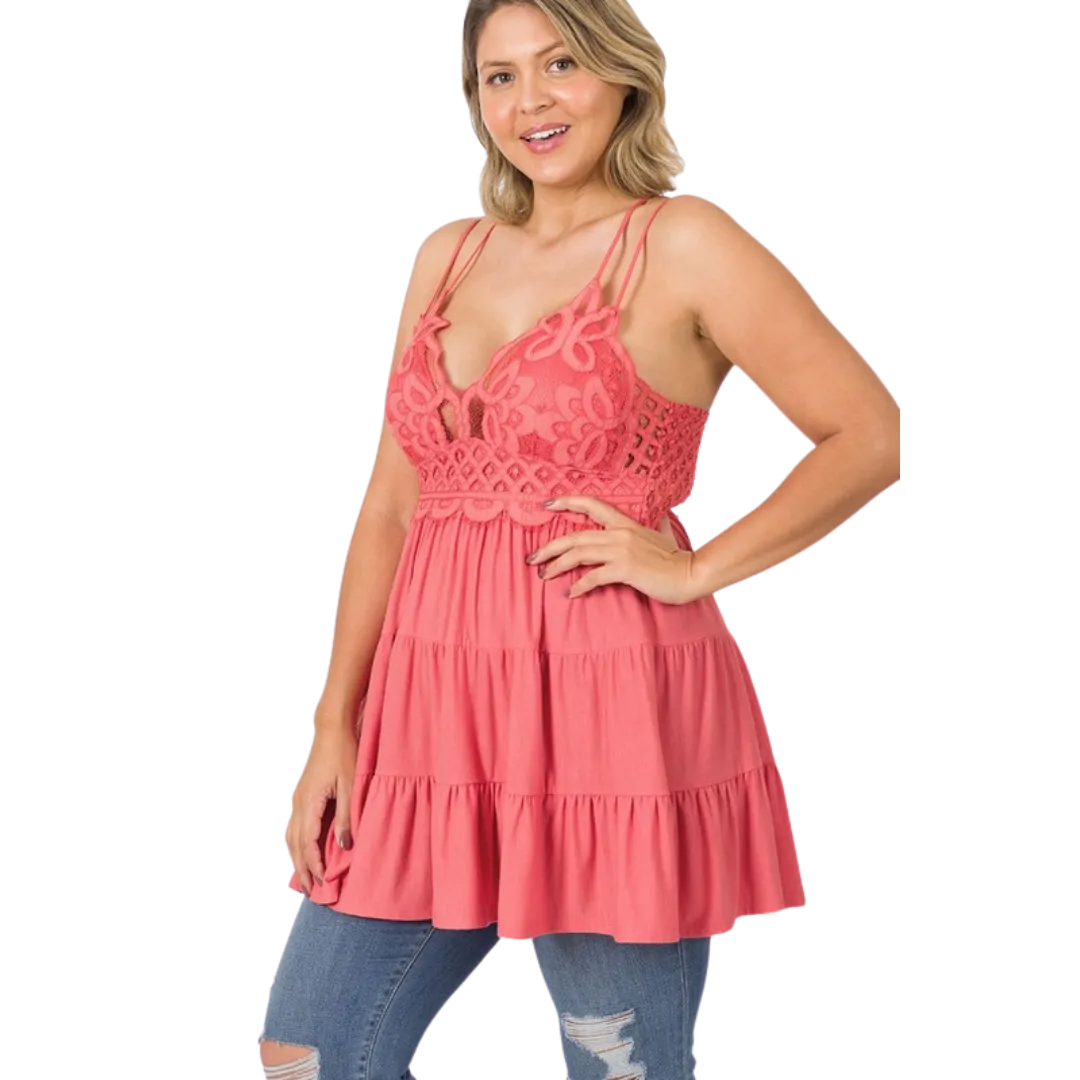 Zenana Strappy Ash Mocha Lace Ruffled Super Short Mini Dress